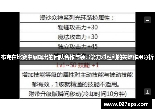 布克在比赛中展现出的团队合作与领导能力对胜利的关键作用分析 布克在比赛中展现出的团队合作与领导能力对胜利的关键作用分析