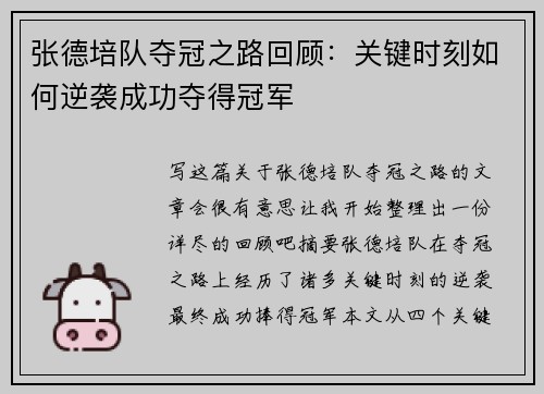张德培队夺冠之路回顾：关键时刻如何逆袭成功夺得冠军
