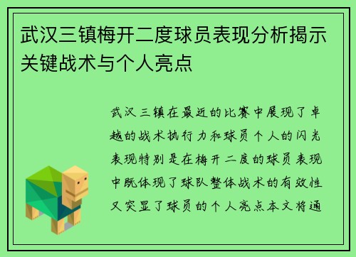 武汉三镇梅开二度球员表现分析揭示关键战术与个人亮点