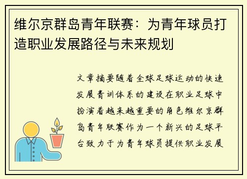 维尔京群岛青年联赛：为青年球员打造职业发展路径与未来规划